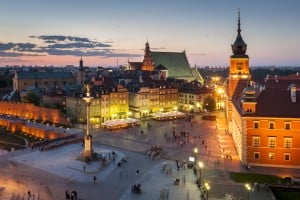 Night Panorama of Royal Castle and Old Town in Warsaw, Poland